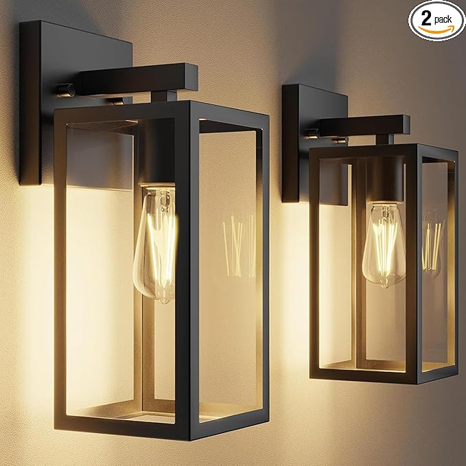 Kalium Porch Lights Outdoor Wall Light Fixture 2pcs Matte Black Wall Sconce 12.4 in Toughened Frame Clear Glass Shade Waterproof Lanterns for Patio Exterior Front Door Entryway