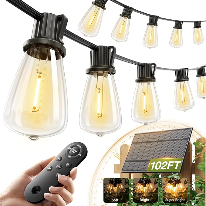 addlon 102(96+6) FT Solar String Lights WaterproofPatio Light Solar Powered with Remote &amp USB Port 3 Modes 30+2 LED Shatterproof Bulbs Outdoor Lighting for Camping Backyard Garden