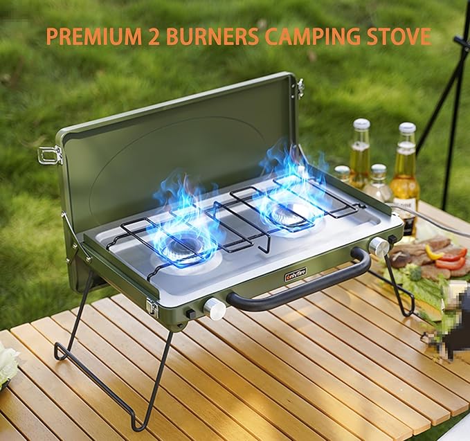 ONLYFIRE OUTDOOR LIVING Portable Camping Gas Stove 2-Burner Propane Camp Stove with Foldable Legs Heavy-Duty Latch &amp Handle for Patio Cooking Camping Tailgating RV BBQ Green GS331