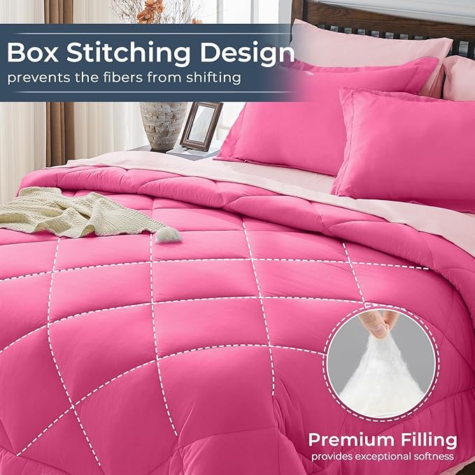 HEVUMYI Hot Pink &amp Baby Pink Twin Comforter Set - 5-Piece All Season Bed in a Bag Twin Ultra Soft Bedding Set with Comforter Flat Sheet Fitted Sheet Pillowcases Pillow Shams