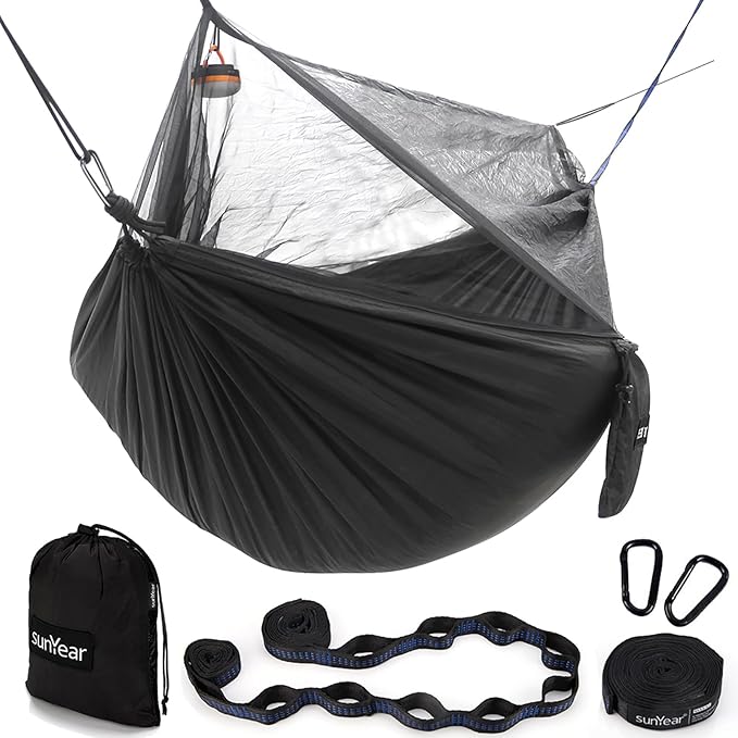 Sunyear Hammock Camping with Rain Fly Tarp and Net Portable Camping Hammock Double Tree Hammock Outdoor Indoor Backpacking Travel &amp Survival 2 Tree Straps100% Waterproof