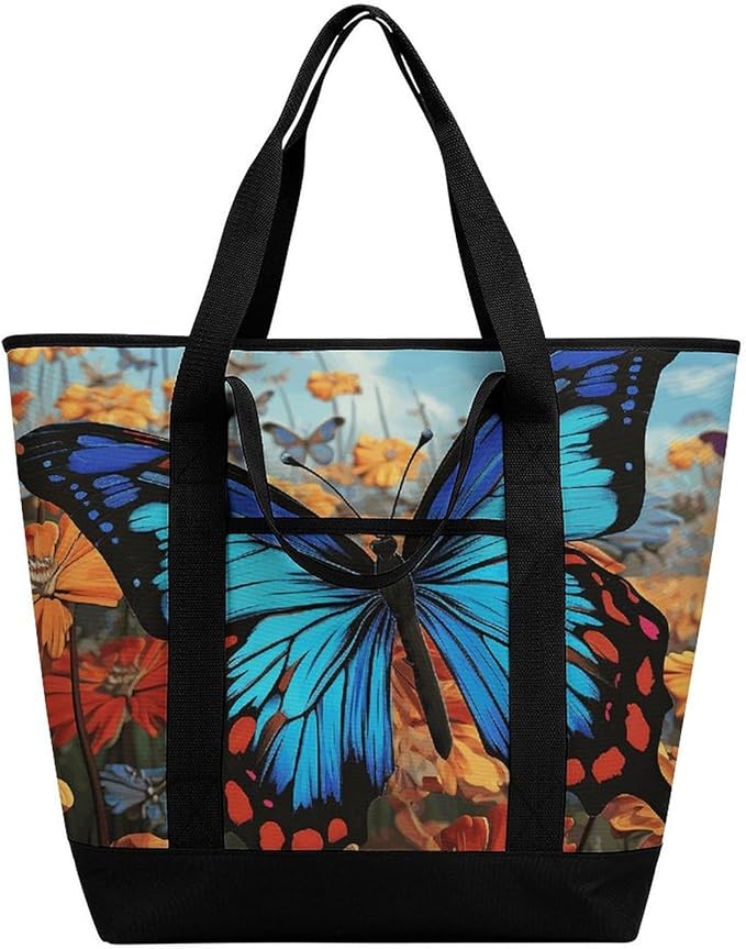 Insulated Shopping BagLarge Reusable Cooler Bags Big Butterfly Printed Foldable Shopping BagTravel Waterproof Shoulder Bag