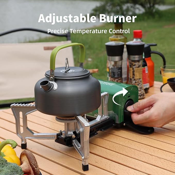 INFOOD Portable Butane Gas Camping Stove - 7500 BTU Compact Folding Design with Carry Bag for Backpacking RV Trips Picnic &amp Outdoor Indoor Cooking Green