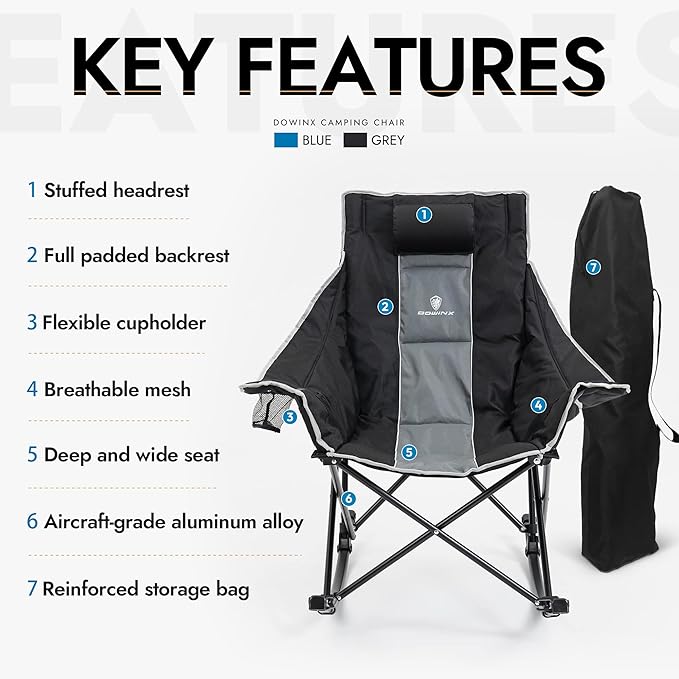 Dowinx Oversized Rocking Camping Chair Fully Padded Patio Chair with Side Pocket and Carry Bag High Back Portable Lawn Recliner with Headrest Support 300 lbs Grey