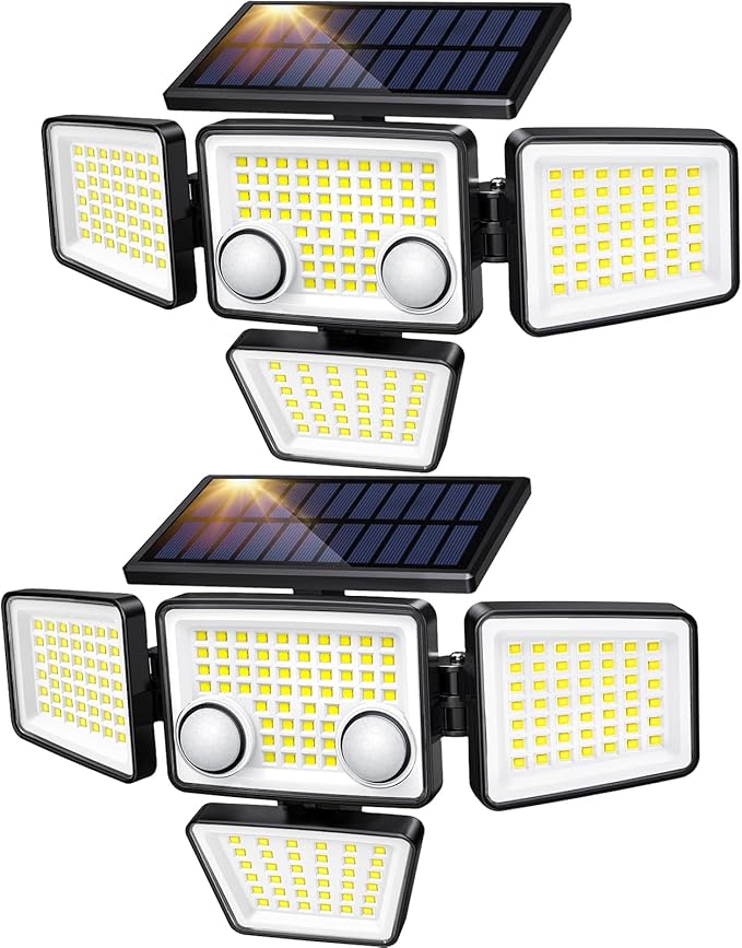 Solar Outdoor Lights - 3000LM 188 LED Motion Sensor Outdoor Lights 4 Heads Security LightIP65 Waterproof Easy Install270°Wide Angle Flood Wall Light with 3 Modes for Backyard Yard (2 Pack)