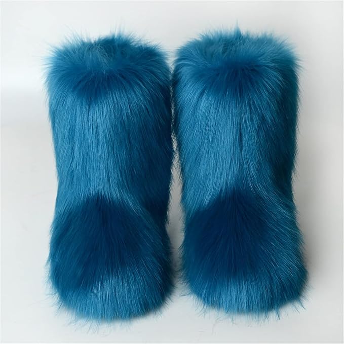 Womens Furry Faux Fur Booties Winter Warm Snow Ankle Boots Fuzzy Fluffy Furry Mid Calf Boots Outdoor Comfy Flat Shoes
