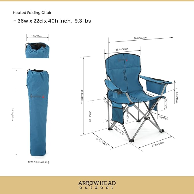 ARROWHEAD OUTDOOR Heated Camping Chair – Heavy-Duty Portable Folding Chair with 3 Heat Modes 6-Can Cooler Cup &amp Wine Glass Holder – Supports 330lbs