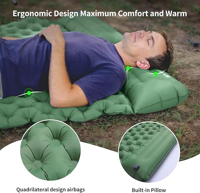 2 Person Inflatable Sleeping Pad for Camping Ultralight Double Camping Mat Air Mattress Foot Pump Durable Waterproof Compact Sleeping Mat for Outdoor Backpacking Hiking Green