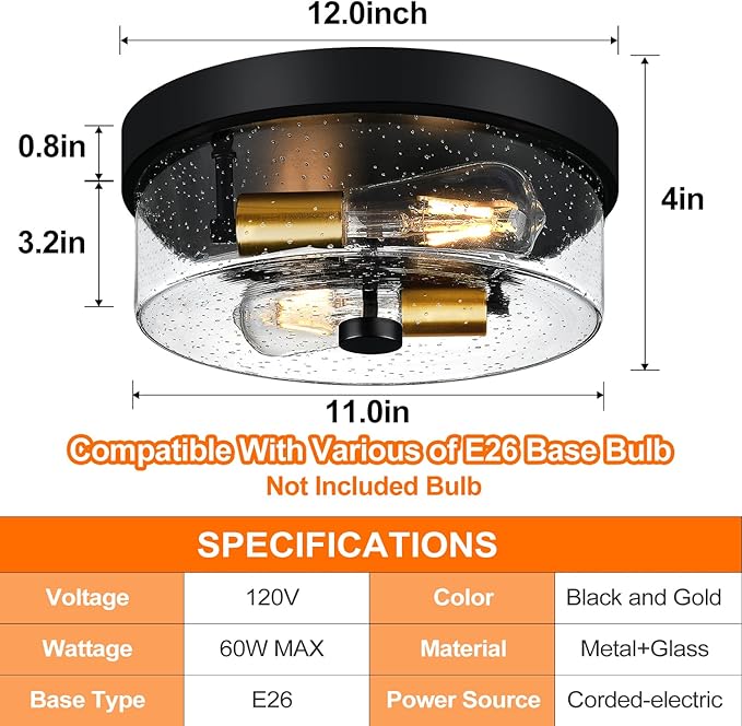 Flush Mount Ceiling Light Fixtures 2-Light Black and Gold Ceiling Mount for Farmhouse with Seeded Glass Lampshade Industrial Flush Mount Light Fixture for Hallway Kitchen Entryway and Foyer