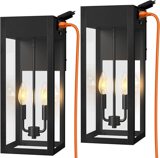2-Pack 17.87 Extra Large Outdoor Wall Lights with GFCI Outlet Black 2-Light Porch Lights Outdoor Waterproof Exterior Lamp with E12 Sockets for House Porch Patio Garage