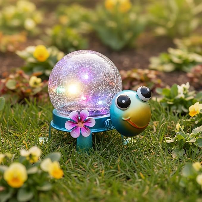 Solar Lights Outdoor Turtle Garden Decor with Crackle Glass Globe Lights - Cute Metal Turtle Statue for Yard Lawn Patio Porch Pathway Tabletop Housewarming Gifts for Mom Women