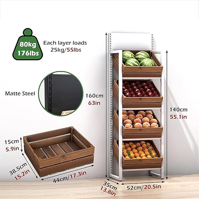 Commercial Supermarket Fruit &amp Vegetable Shelf 3/4 Tier Produce StorageLarge Capacity Retail Snack Rack Display With Wood Baskets Kitchen Onion Potato Produce(White rack+brown box4 tier)