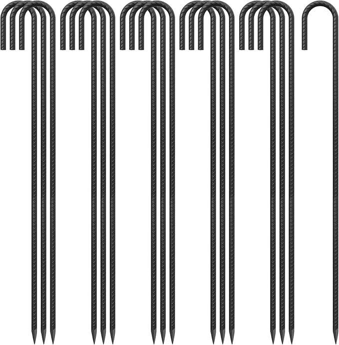 J Hook Rebar Stakes - 36 Inch 3/8 Inch Diameter Steel Tent Stakes - Heavy Duty Chain Link Fence &amp Trampoline Stakes with Chisel Point End - Black (16 Pcs)