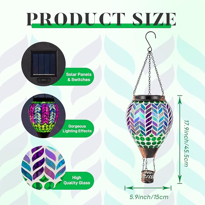 Mosaic Hot Air Balloon Solar Lanterns Outdoor Waterproof Colorful Glass Solar Hanging Lantern Lights for Garden Patio Yard Gifts for Women Mom Grandma