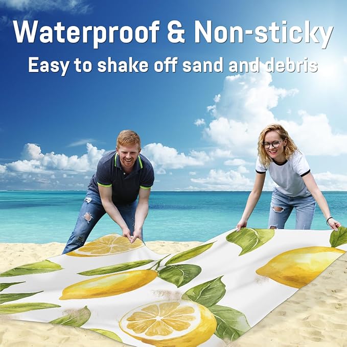 Waterproof Sandproof Beach Blanket 59''×68'' Sweet Lemon Polyester Outdoor Picnic Blanket with 4 Stakes &amp Storage Bag for BeachCampingVacation White