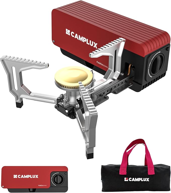 CAMPLUX FoldGo Camping Stove 7500 BTU Portable Butane Gas Stove Foldable Cassette Stove with Carry Bag &amp Adjustable Burner CSA Certified Collapsible Butane Stove for Outdoor Cooking Red