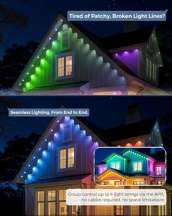 Permanent Outdoor Lights with Remote 100ft with 60 RGB-IC LED Lights for House Daily &amp Holiday Lighting  IP67 Waterproof 90+ Scene Modes for Outdoor Decor 2 in 1 Use for Eaves &amp Ground Lig