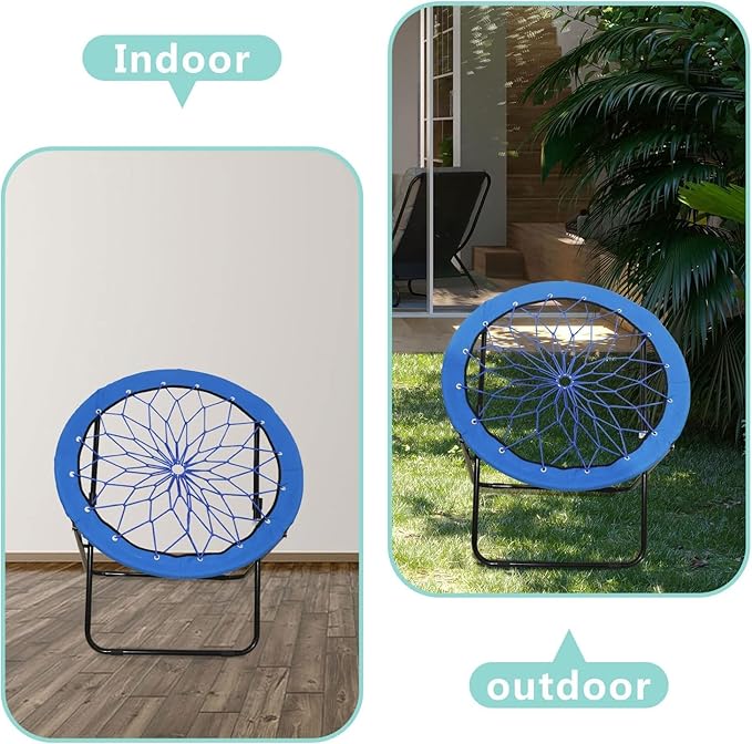 2 Pack Bungee Bunjo Folding Chair Saucer Dish Chair Bunjo Chair Outdoor Indoor Use for Camping Game&amp Recreation Room Livingroom Study (BLUE-2PK)