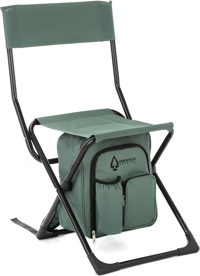 ARROWHEAD OUTDOOR 3-in-1 Compact Fishing Chair Backpack Stool &amp Insulated Cooler w/Bottle Holder &amp Storage Bag External Pockets Backrest