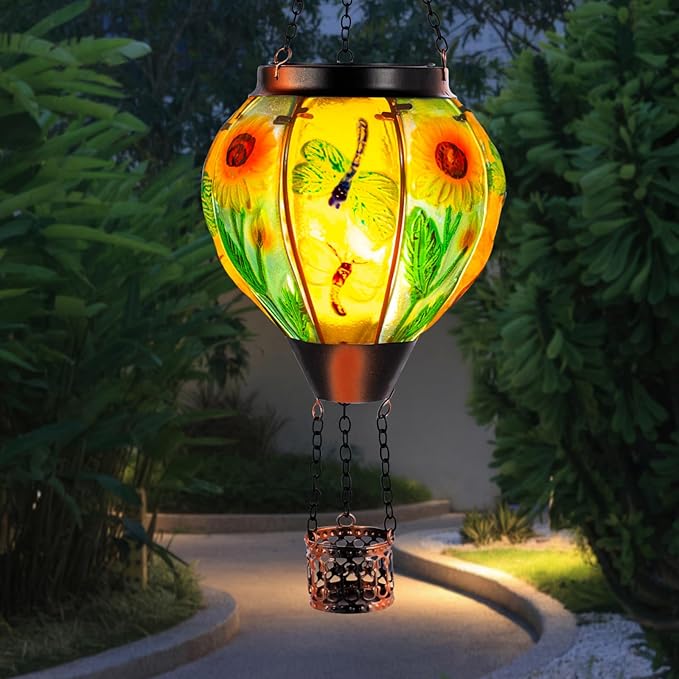 Hanging Hot Air Balloon Solar Lantern Dragonfly Solar Power Hot Air Balloon Lantern Outdoor Waterproof Glass Hanging Light for Outdoor Patio Garden Decor