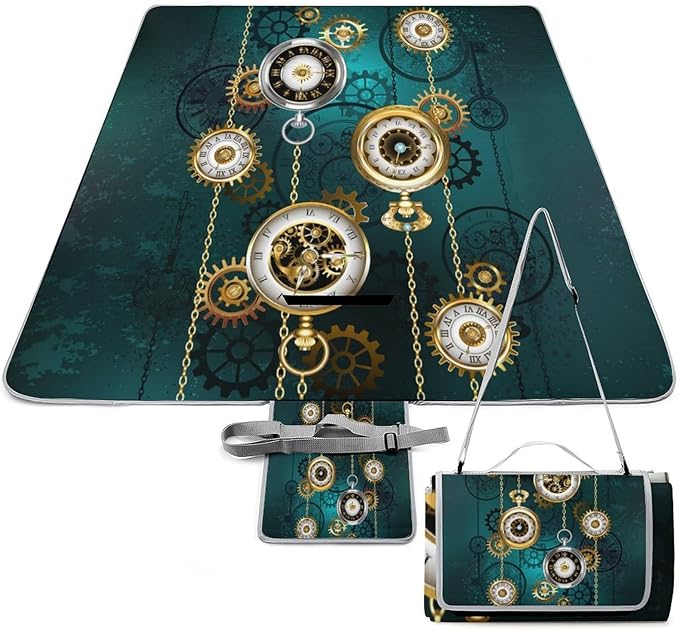 Vintage Steam Punk Clock Art Waterproof Outdoor Picnic Blanket Sandproof Beach Mat for Camping Hiking Grass Travelling
