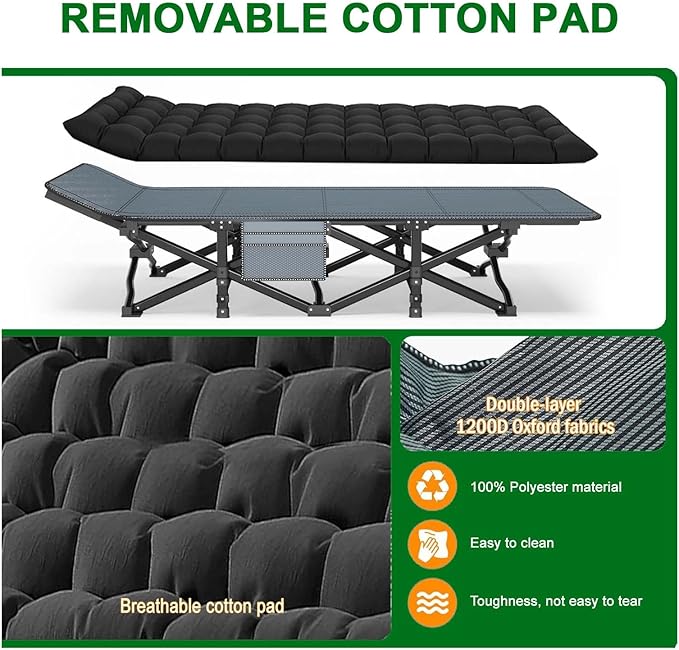 Camping Cot Extra Wide with Thick Mattress Folding Oversized XL 75 L x 28 W x 15 H Heavy Duty Sleeping Bed for Adult
