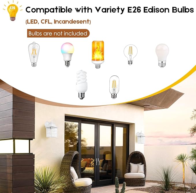 2-Pack Dusk to Dawn Outdoor Wall Light Waterproof Exterior Wall Lantern Lighting Fixtures with Photocell Sensor White Outside Sconce with E26 Socket Anti-Rust Wall Mount for Porch House Garage