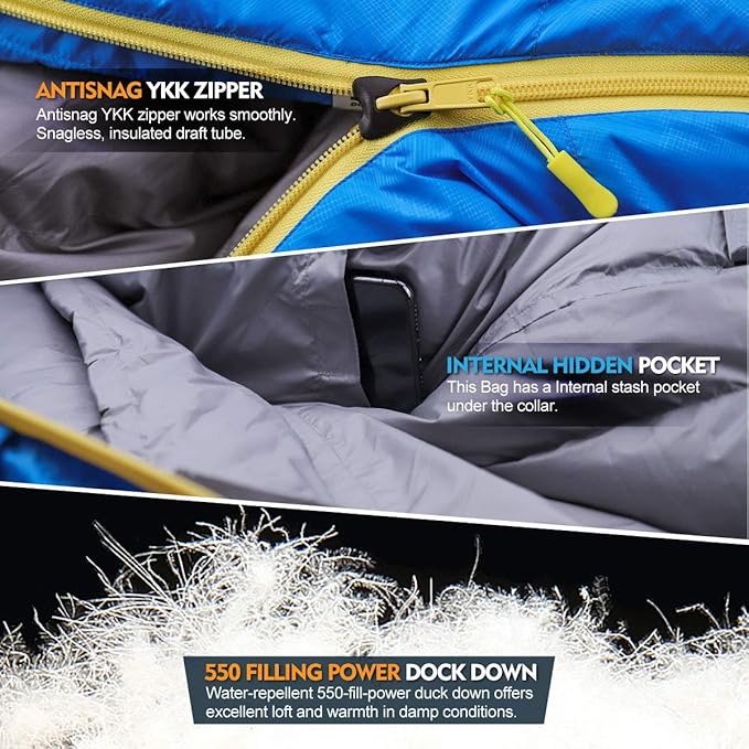 ZOOOBELIVES 10 Degree Down Sleeping Bag for Adults 4-Season Cold-Weather Mummy Bag Roomy Fit 550+ Fill Power Warmth Lightweight &amp Compressible for Car Camping Backpacking &amp Hunting - Alpl