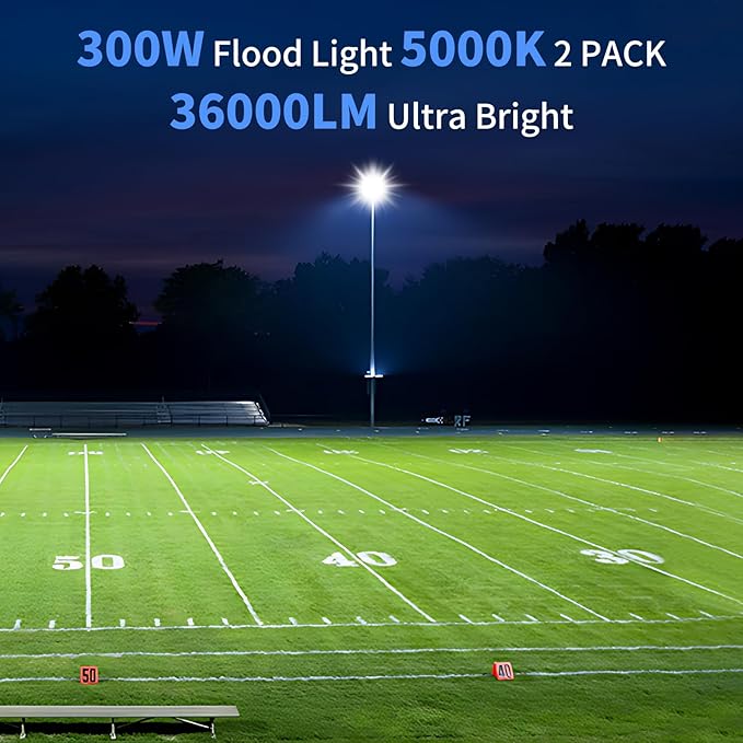 300W LED Flood Light Outdoor with Plug 36000LM Ultra Brighter Security Light IP66 Waterproof Exterior Plug in Floodlight 5000K Daylight White for Lawn Yard Garden Stadium(2 Pack)