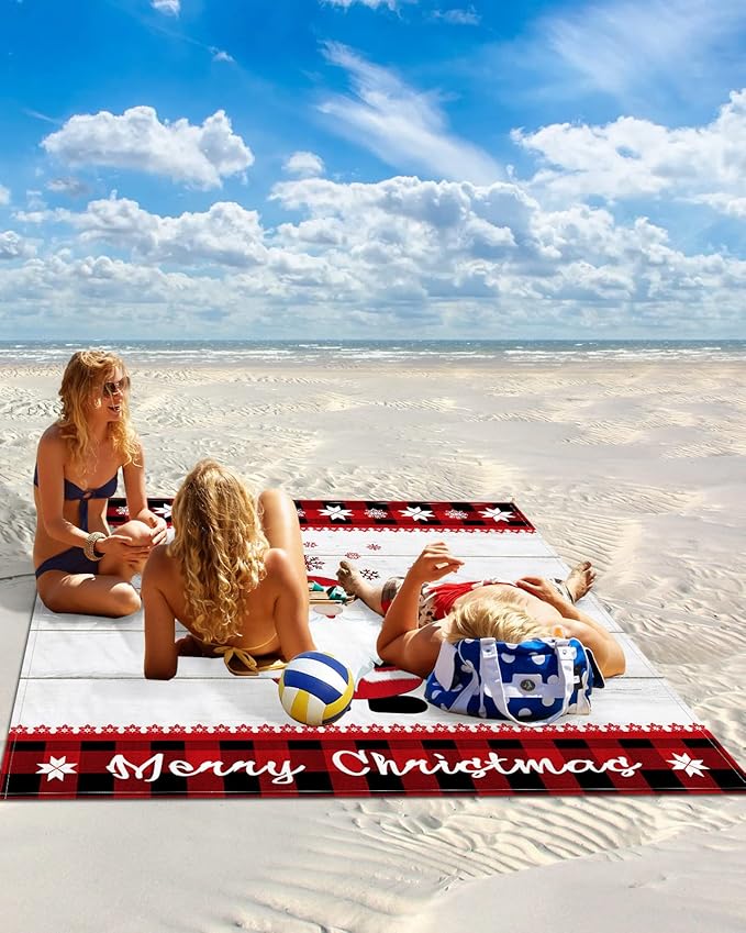 Beach Blanket Waterproof Sandproof Christmas Cute Santa Winter Snowflake Quick Drying Beach Mat with 4 Stakes Red Buffalo Grid Vintage Wooden Board Lightweight Picnic Blanket for Travel 118x108