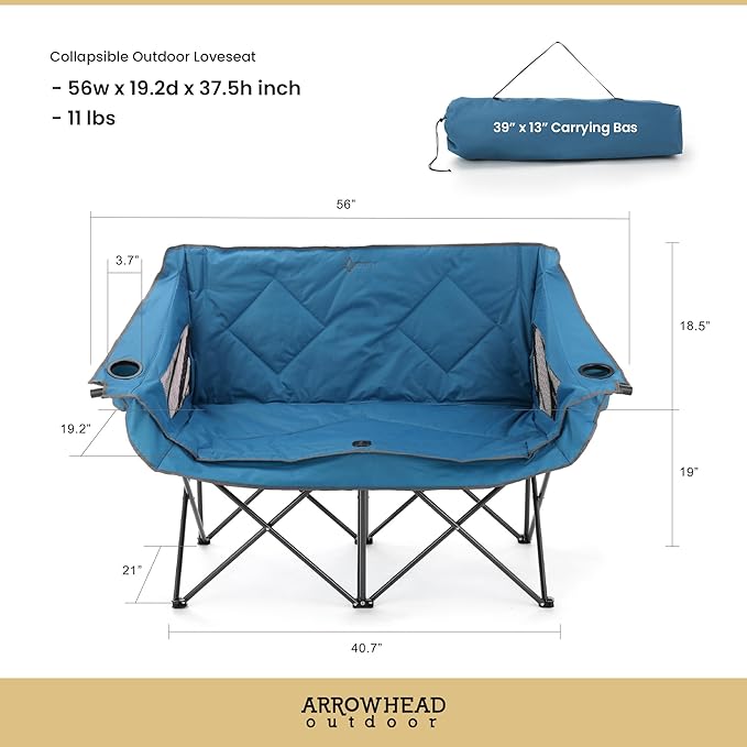 ARROWHEAD OUTDOOR 2-Pack Portable Folding Camp Loveseat Chair w/Glass &amp Cup Holders Heavy Duty Carry Bag 650 lbs Weight Capacity