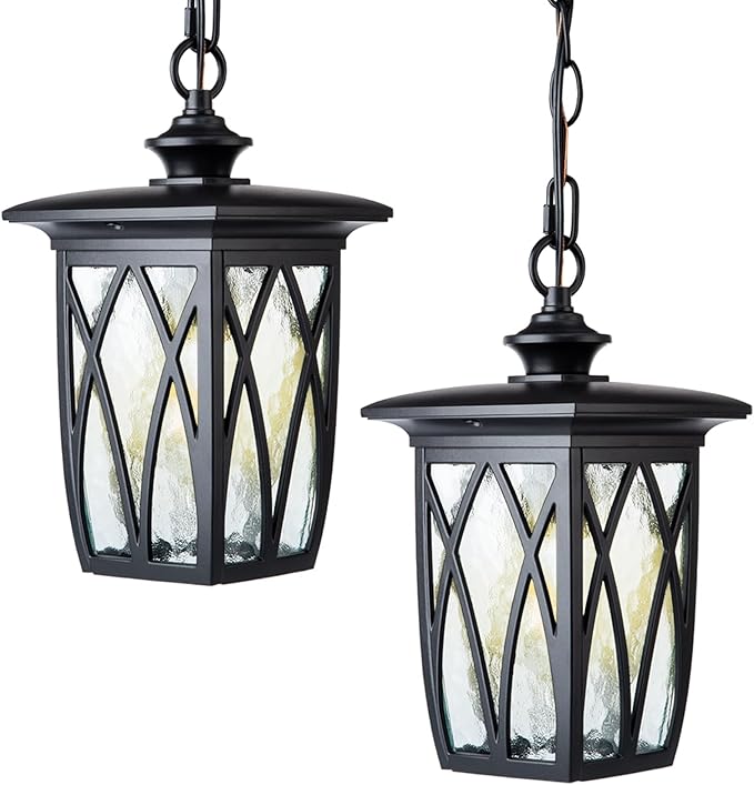 JYZ 2 Pack Outdoor Pendant Light Fixture 12'' Exterior Hanging Lantern Modern Black Metal Outside Chandelier Light Fixture Ceiling Mount with Water Ripple Glass &amp Adjustable Chain for Porch Gaz