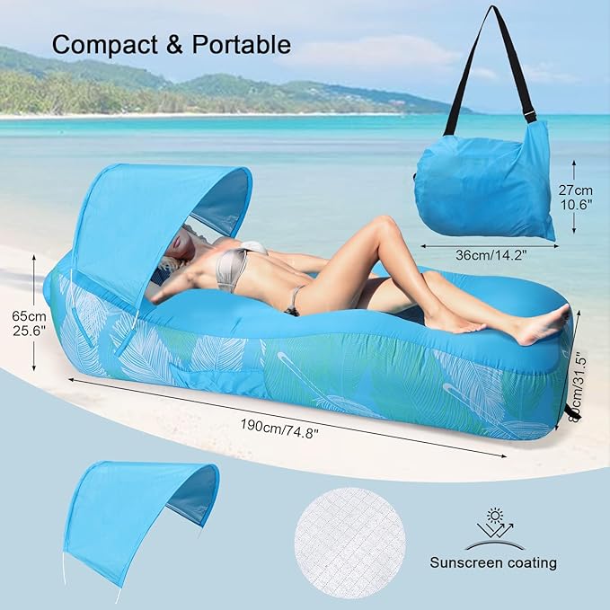 Inflatable Lounger Air Sofa with Sunshade for Adults Inflatable Couch with Mesh Back for Camping Sky Blue Feather