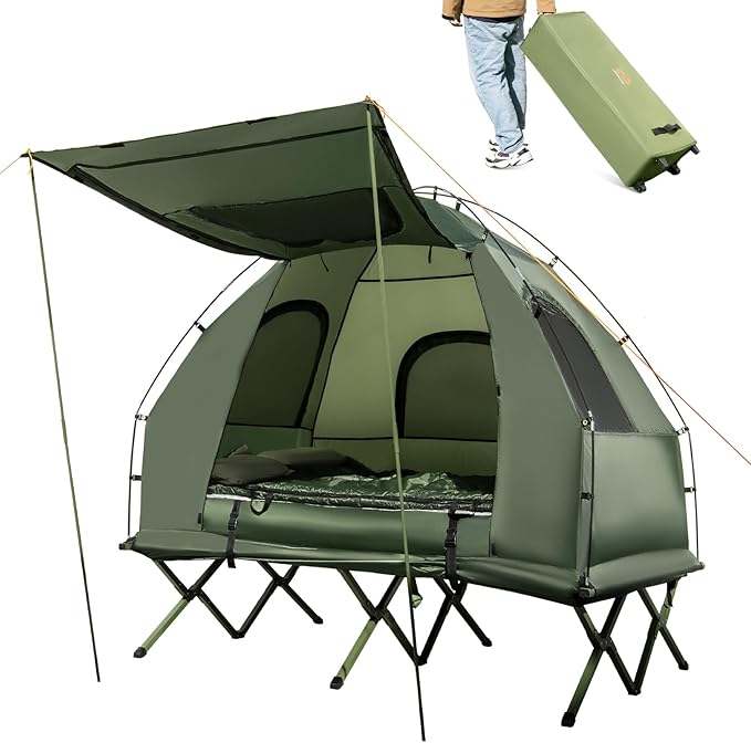 Goplus Camping Tent Cot 5-in-1 Folding Camping Bed with Air Mattress Pillow Sleeping Bag Waterproof Elevated Tent Shelter Portable Outdoor Sleeping Cot with Carry Bag for Picnic Trip