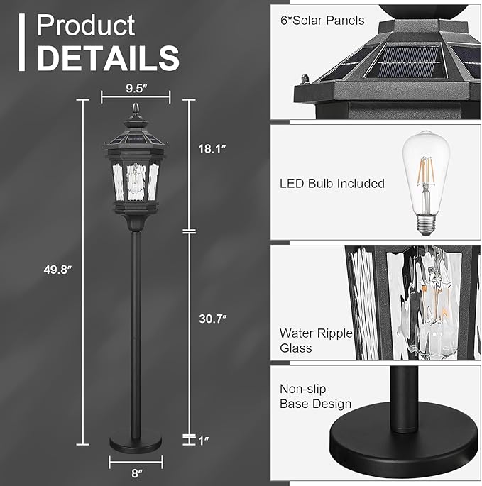 Darkaway Solar Post Light Outside Floor Lamp with Remote Control Waterproof Outdoor Solar Lighting with Water Ripple Glass Shade for Lawn Pool Garden
