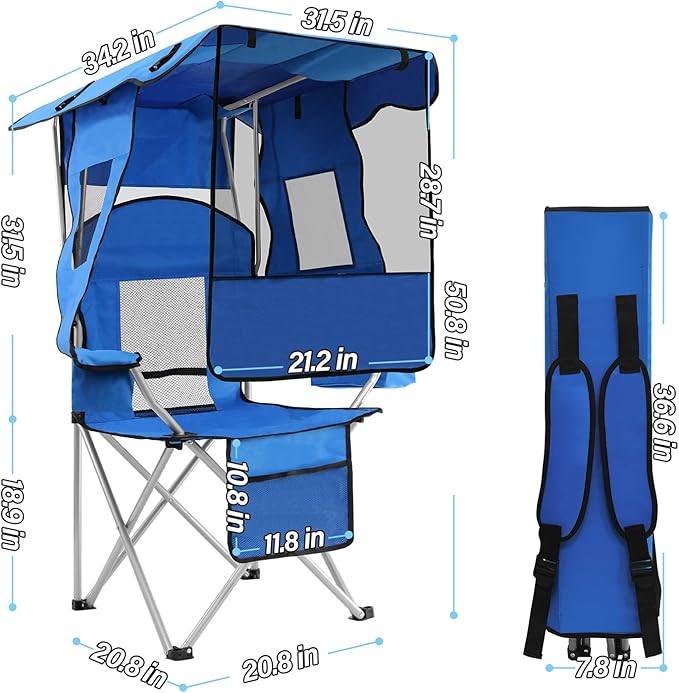 ptlsy Beach Chair with Canopy Shade Folding Camping Chair for Adults with Cup Holders Cooler Bag for Camping Fishing Beach Sports and Concert (Blue)