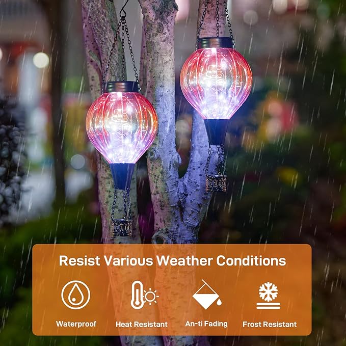 2PC Hot Air Balloon Solar Lantern Outdoor Waterproof Gradient Orange Glass Balloon Lantern Lights Hanging Solar Lights for Outside Patio Garden Tree Porch Yard Gift for Women Mom
