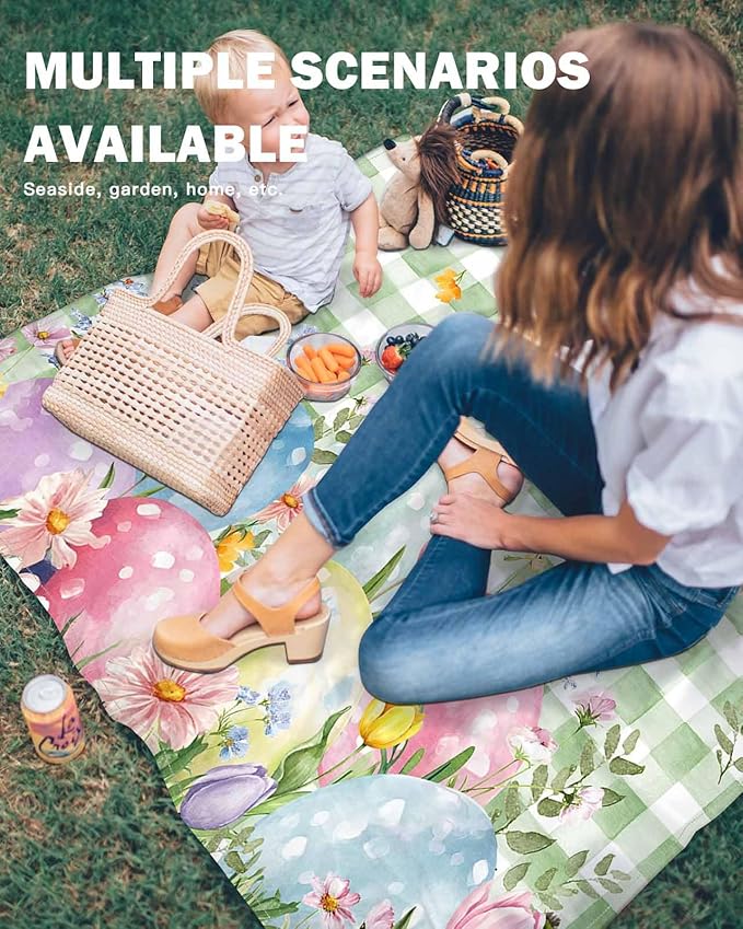 Beach Blanket Waterproof Sandproof Easter Egg Green Check Quick Drying Beach Mat with 4 Stakes Spring Flower Leaf Pastoral Style Lightweight Picnic Blanket for Travel Camping Outdoor 83x79