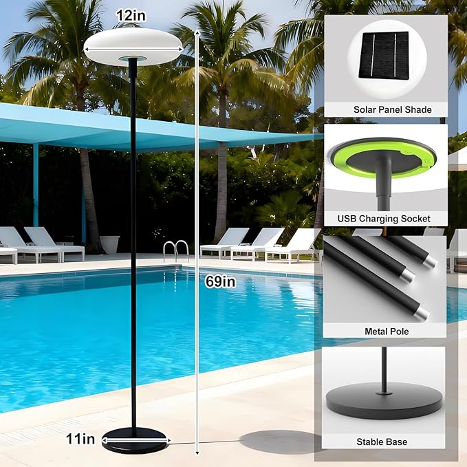 Lightdot Solar Outdoor Floor Lamp for Patio Waterproof USB Rechargeable Cordless Floor Lamp with 3 Brightness ModesHeight Adjustable(Max 74IN)Warm White 3000k Standing Solar Lights for Yard Garden