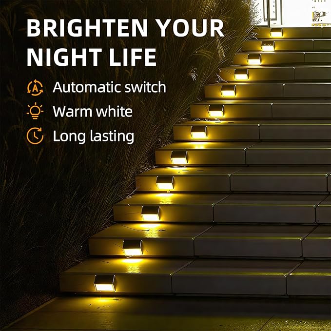Luminara Solar Step Lights - Weatherproof Outdoor Stair Lighting Solar-Powered Deck Lights for Patio Garden Pathway Warm White Glow (8)