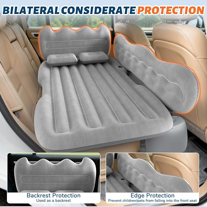 Thickened Inflatable Car Mattress for Back Seat - SUV Air Mattress Bed for Camping &amp Road Trips Portable Car Blow Up Mattress with Cup Holder 2 Pillows &amp Carry Bag - Grey