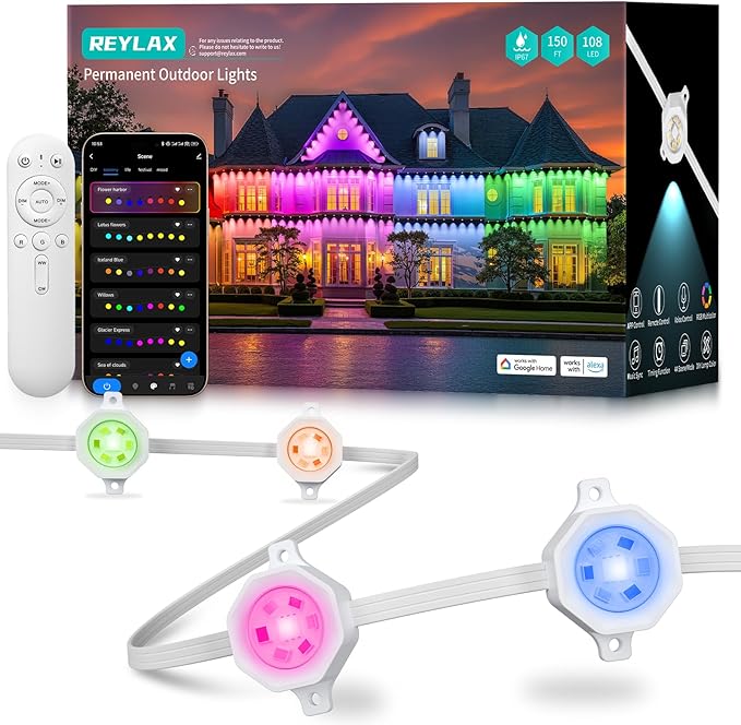REYLAX Permanent Outdoor Lights Pro 150ft with 108 Triple-LED 135lm RGB+IC Smart Eaves Christmas Lights for House IP67 Waterproof Multi Scenes for Outdoor Decor Works with Alexa Google Remote