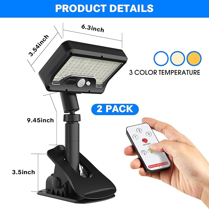 Pacify Clip On Solar Lights Outdoor with Motion Sensor 92 LEDs 600LM Solar Fence Lights IP65 Waterproof Adjustable Security Lights for Gutter Deck Yard (2 Pack with Remote Control Adjusts 3 Colors)