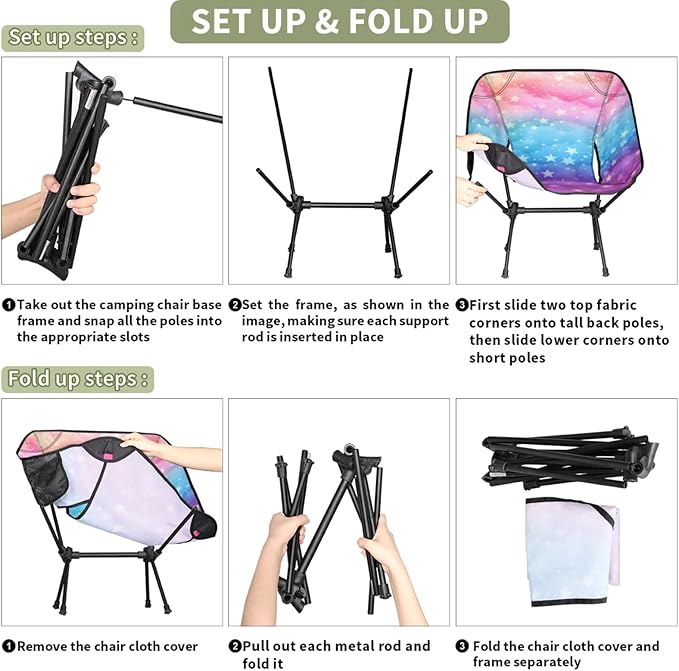 Honeybaby Folding Camping Chair Stars Rainbow Color Camping Chairs Lightweight Portable Chair Outdoor Foldable Chairs for Camping Travel Picnic Beach Hiking