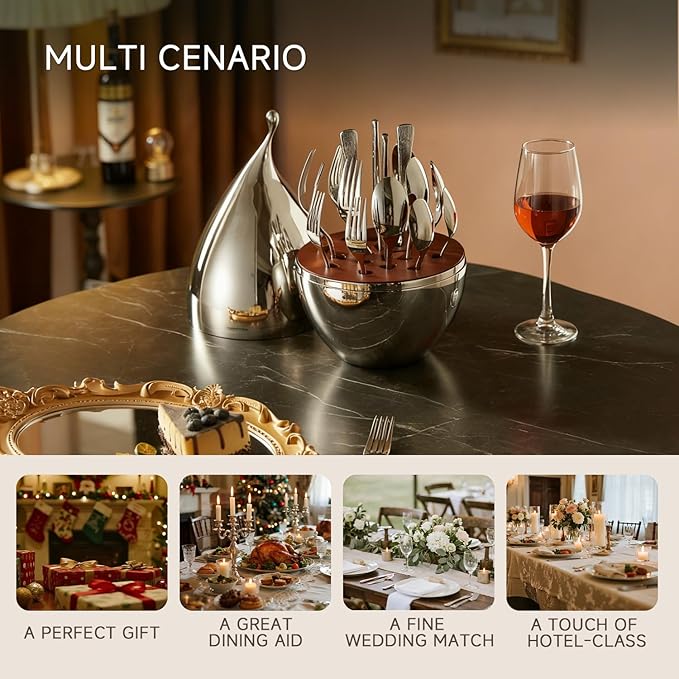 KINGSTONE Silverware Set with Waterdrop Storage Organizer 20-Piece Flatware Cutlery Set in Gift Box Forged Premium Stainless Steel Mirror Polished Service for 4 Ideal for Kitchen Party Gift