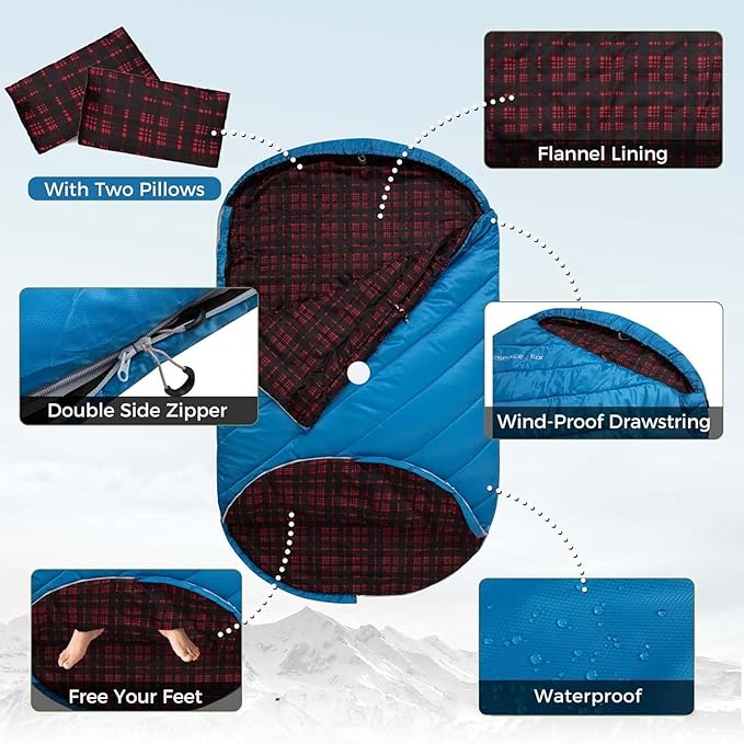 KingCamp Double Sleeping Bag for Adults Queen Size 2 Person XXL Flannel Sleeping Bag Waterproof Lightweight Flannel Quilt with 2 Pillows Perfect for Couples Family Camping Hiking