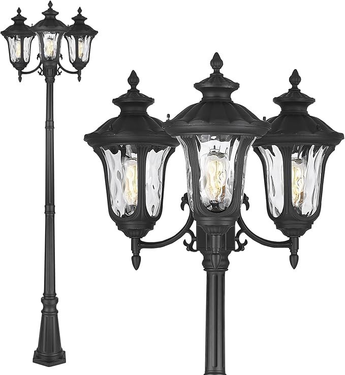 Outdoor Lamp Post Light Black Outside High Pole Light 3-Head Waterproof Modern Exterior Street Lamp Road Lighting Fixture for Garden Backyard Patio Lawn Pathway Driveway