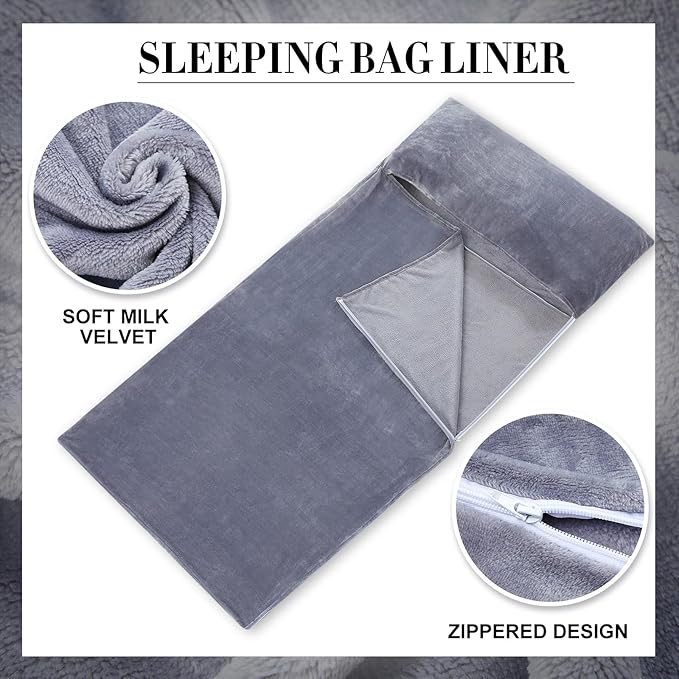 2 Pcs Sleeping Bag Liner for Adult 86 x 41 Inch Grey Flannel Fluffy Sheet &amp Camping Sheet for Autumn Winter Warm Thick Sheets for Backpacking Hotel Traveling Sleeping Bag with Zipper