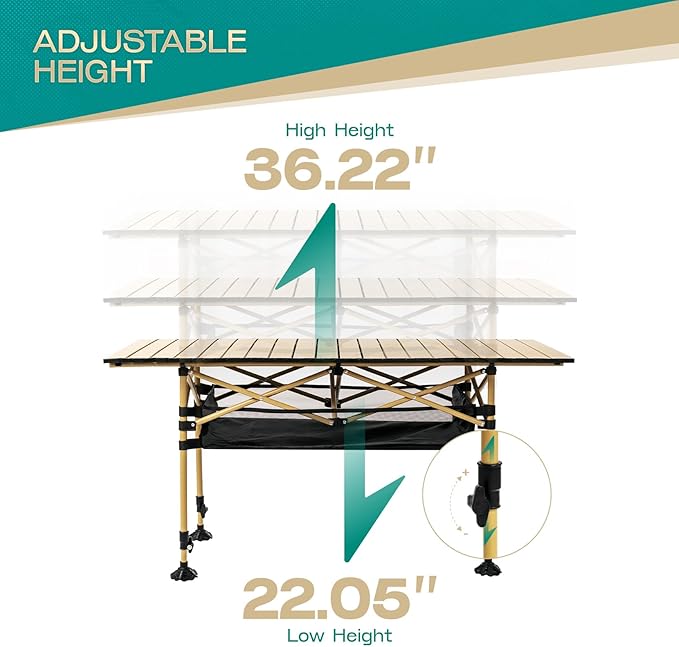 Height Adjustable Camping Table Tall Large Outdoor Folding Camping Table with Wide-Base Anti-Sink Legs &amp Carry Bag for Camping BBQ Beach Backyard (Beige)