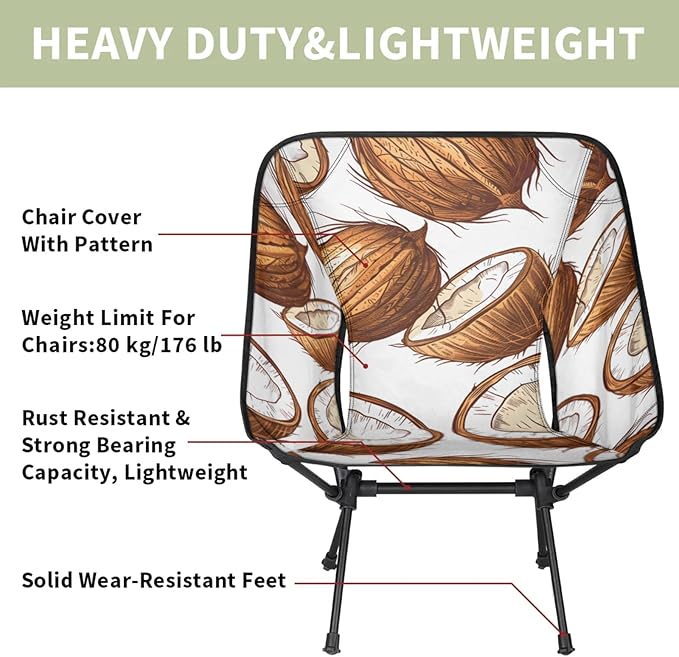 Honeybaby Folding Camping Chair Coconut Print Camping Chairs Lightweight Portable Chair Outdoor Foldable Chairs for Camping Travel Picnic Beach Hiking